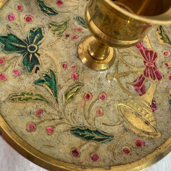 Vintage Enameled Cloisonne Brass Christmas Candlestick Candle Holder Made India - Picture 2 of 8